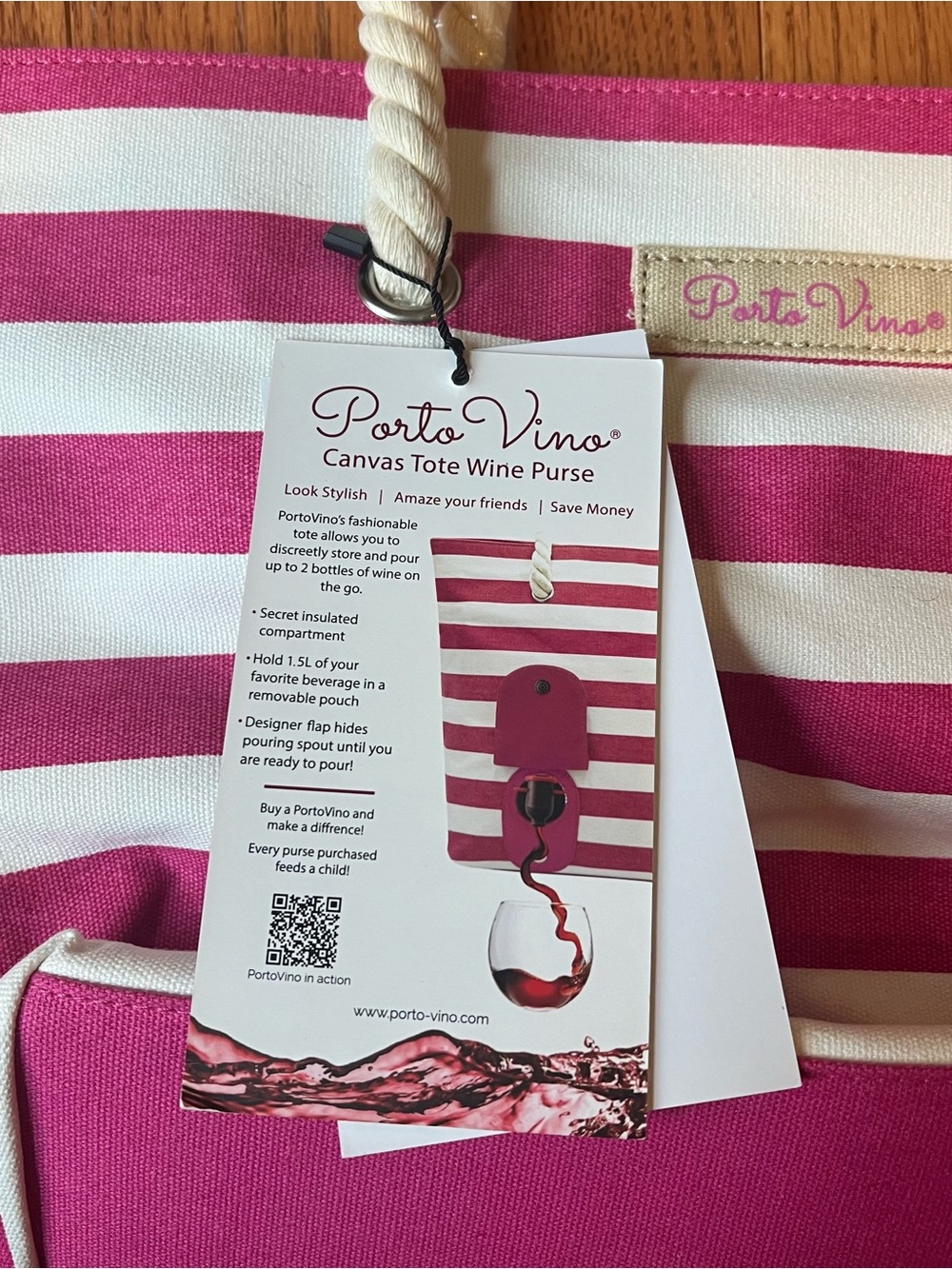 NWT Porto Vino Canvas Tote Wine Purse - Pink/White Striped